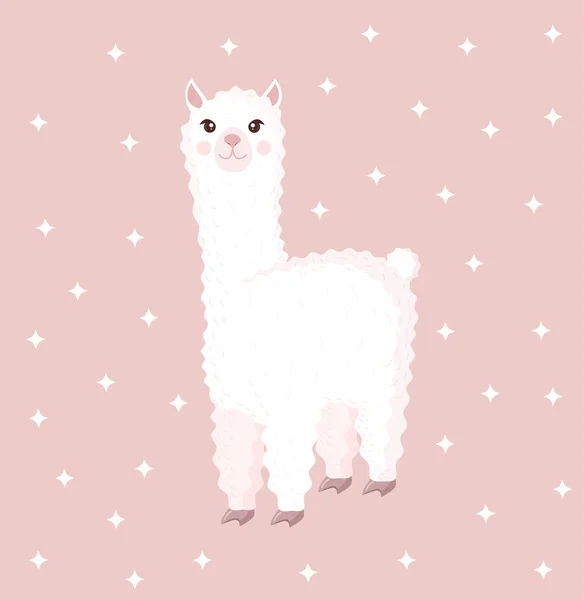 Linda llama o alpaca sobre un fondo rosa con estrellas. Ilustración vectorial para la textura del bebé, textil, tela, cartel, tarjeta de felicitación, decoración. — Vector de stock