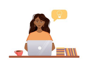 Kadın bilgisayarda çalışıyor. Uzaktan çalışma, serbest çalışma, ev ofisi, programlama, eğitim. İnternetteki iletişim, online toplantılar. Vektör illüstrasyonu