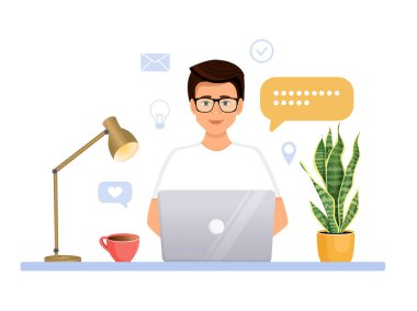 Adam bilgisayarda çalışıyor. Uzaktan çalışma, serbest çalışma, ev ofisi, programlama, eğitim. İnternetteki iletişim, online toplantılar. Vektör illüstrasyonu