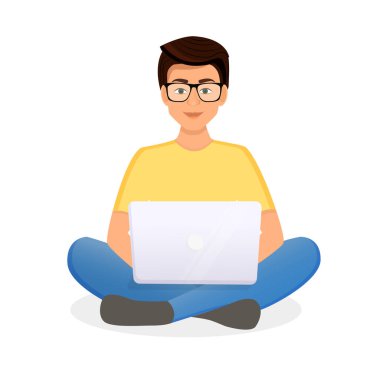 Adam dizüstü bilgisayarda çalışıyor. Serbest çalışmanın düz vektör çizimi, evde çalışmak, iş, ofis, eğitim. Sosyal ağlarda uzaktan çalışma ve iletişim. Çizgi film biçimi