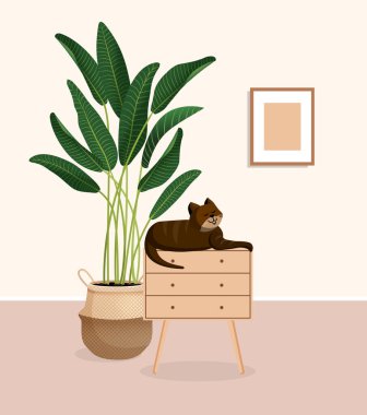 Şirin kahverengi kedi göğsünde oturuyor. Oturma odasında hayvan, incir ağacı ve dekorasyon var. İnsansız bir odanın vektör çizimi