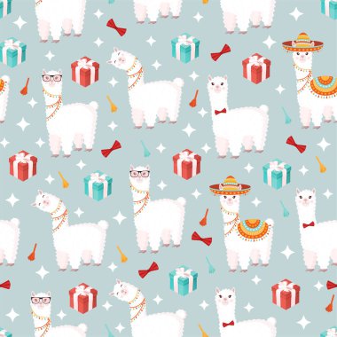 Gri arka planda hediyeler ve dekorlarla şapkalı komik Lamalar olan kusursuz bir desen. Bebek dokusu, tekstil, kumaş, poster ve tebrik kartı için uygun vektör çizimi. Peru 'dan tatlı alpaka.