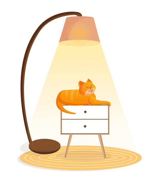 Cute Ginger Cat Sits Chest Drawers Lamp Living Room Interior — Stock Vector