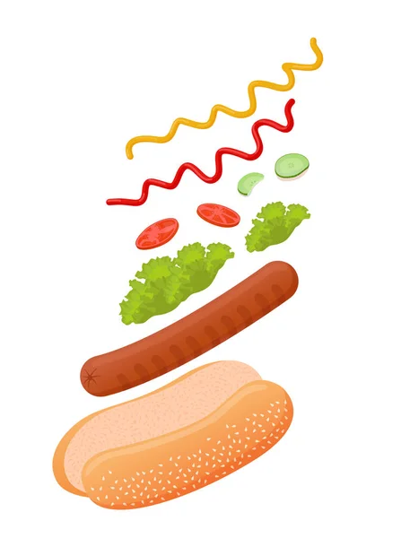 Pyszny Hot Dog Latającymi Składnikami Takimi Jak Bułka Nasion Sezamu — Zdjęcie stockowe