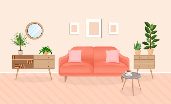 Moderne Wohnzimmereinrichtung Mit Möbeln Und Zimmerpflanzen Gestaltung Eines Gemütlichen Zimmers — Stockvektor