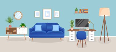 Evden çalışmak için rahat bir oda tasarlıyorum. Bilgisayarlı ofis, çalışma odası, dolap. Mobilya ve ev bitkileriyle dolu modern oturma odası. Vektör düz biçim illüstrasyonu