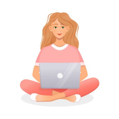 Kadın dizüstü bilgisayarda çalışıyor. Serbest çalışmanın düz vektör çizimi, evde çalışmak, iş, ofis, eğitim. Sosyal ağlarda uzaktan çalışma ve iletişim. Çizgi film biçimi