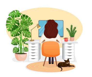 Serbest çalışan bir kadın, yönetici evde bilgisayar başında masa başında çalışıyor. Kızın arka görüntüsü. Uzaktan çalışma, evdeki ofis, programlama. Bir kediyle iç mekanda çalışırken. Vektör illüstrasyonu.