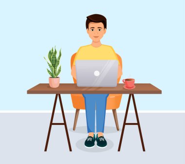 Adam masada oturuyor, evdeki bilgisayarda çalışıyor. Uzaktan çalışma, serbest çalışma, ev ofisi, programlama, eğitim. Bir kediyle iç mekanda çalışırken. Vektör illüstrasyonu.