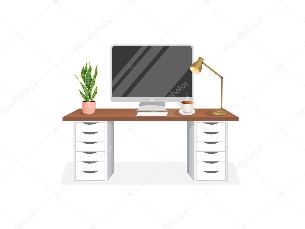 Workspace with a computer, table, plant, lamp and cup on an isolated white background for home office, cabinet, remote work, freelancing, teaching. Vector illustration in flat cartoon style