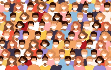 Koronavirüsü, gribi, hava kirliliğini, virüsleri ve hastalıkları önlemek için maske takan bir grup kadın ve erkek sıraya giriyor. Kalabalık afişi. Sosyal çeşitlilik, toplum. Vektör illüstrasyonu