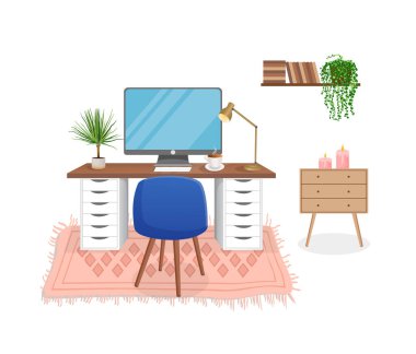 Bilgisayarlı, kabineli, uzaktan kumandalı, serbest çalışan, eğitimli ev işleri için modern iç mekan. Ev bitkileriyle dolu bir işyeri. Çizgi film tarzında vektör illüstrasyonu. Rahat iş yeri ve daire