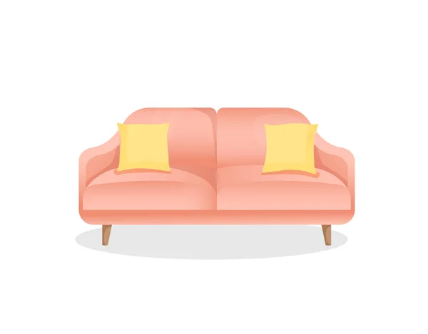 独立した白い背景に黄色の枕を持つ快適な豪華なピンクのソファ インテリアデザインのためのスタイリッシュな家庭用ソファのベクトルイラスト モダンな家具 アイコン — ストックベクタ