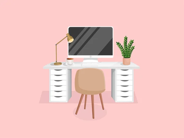 自宅のオフィス キャビネット リモートワーク フリーランス 教育のための独立したピンクの背景にコンピュータ テーブル ランプ 椅子とカップとワークスペース 平面漫画風のベクトルイラスト — ストックベクタ