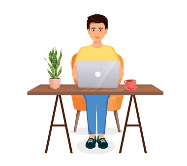 Adam masada oturuyor, evdeki bilgisayarda çalışıyor. Uzaktan çalışma, serbest çalışma, ev ofisi, programlama, eğitim. Bir kediyle iç mekanda çalışırken. Vektör illüstrasyonu