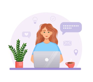 Kadın bilgisayarda çalışıyor. Uzaktan çalışma, serbest çalışma, ev ofisi, programlama, eğitim. İnternetteki iletişim, online toplantılar. Vektör illüstrasyonu