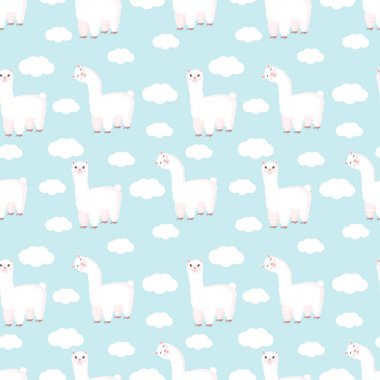 Tuhaf bir lama ve mavi arka planda bulutlar olan kusursuz bir desen. Bebek dokusu, tekstil, kumaş, poster, tebrik kartı ve dekor için uygun vektör çizimi. Peru 'dan tatlı alpaka.
