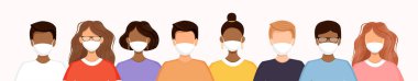 Koronavirüsü, gribi, hava kirliliğini, virüsleri ve hastalıkları önlemek için maske takan bir grup kadın ve erkek sıraya giriyor. Sosyal çeşitlilik. Vektör çizimi. Yüzü yok
