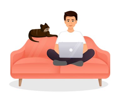 Adamın biri kedisiyle birlikte bir odada dizüstü bilgisayarla oturuyor. Serbest çalışmanın düz vektör çizimi, evde çalışmak, iş, ofis, eğitim. Sosyal ağlarda uzak çalışma ve iletişim