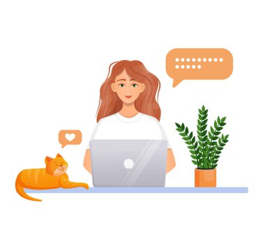 Kadın bilgisayarda çalışıyor. Uzaktan çalışma, serbest çalışma, ev ofisi, programlama, eğitim. İnternetteki iletişim, online toplantılar. Vektör illüstrasyonu