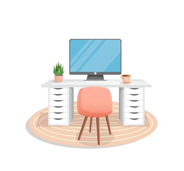 Workspace Computer Table Plant Chair Carpet Cup Isolated White Background — Stock Vector