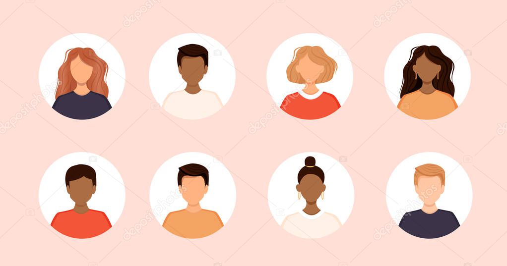 Set of diverse avatars of business team people. Collection of portraits of men and women in a round frame. Vector illustration of faces. No face