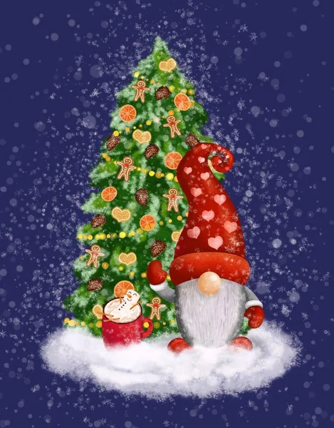 Christmas Illustration Tree Natural Toys Gnome Mug Marshmallows Illustration Postcard — Stock Photo, Image