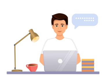 Adam bilgisayarda çalışıyor. Uzaktan çalışma, serbest çalışma, ev ofisi, programlama, eğitim. İnternetteki iletişim, online toplantılar. Vektör illüstrasyonu