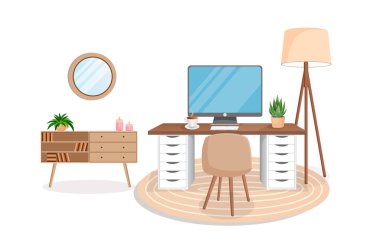 Bilgisayarlı, kabineli, uzaktan kumandalı, serbest çalışan, eğitimli ev işleri için modern iç mekan. Ev bitkileriyle dolu bir işyeri. Çizgi film tarzında vektör illüstrasyonu. Rahat iş yeri ve daire