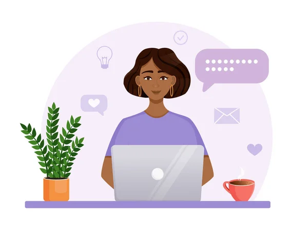 Manajer Wanita Bekerja Komputer Untuk Menanggapi Pesan Ilustrasi Vektor Dari - Stok Vektor