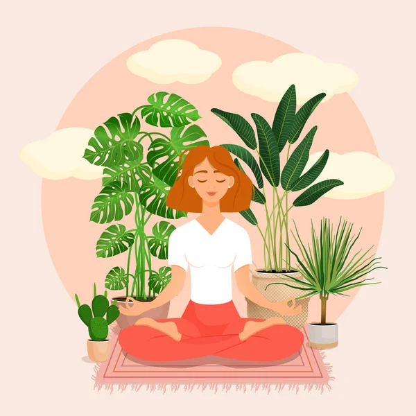 Nilüfer çiçekli güzel kızıl saçlı kız bitkilerle çevrili. Evinde meditasyon yapan bir kadının vektör çizimi. Uyum ve denge. Bacak bacak üstüne attım. İçerideki kız..