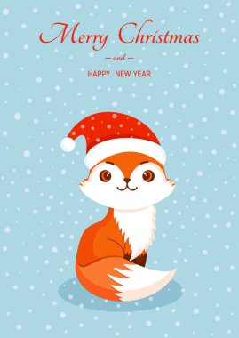 Kart, poster ve afiş için şapkalı bir kış tilkisi. Mutlu Noeller ve Yeni Yıl 'ın temsilcisi