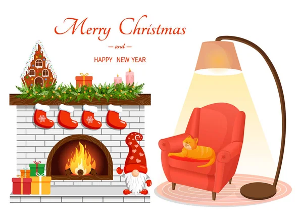 圣诞节舒适舒适的家内部 有壁炉 扶手椅 猫和灯 斯堪的纳维亚和苏格兰风格 明信片 网站房间的矢量图解 — 图库矢量图片