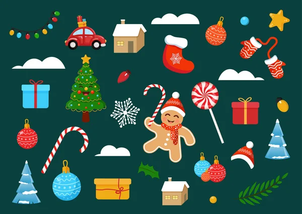 Conjunto Elementos Vetoriais Natal Homem Gengibre Árvore Natal Presentes Ilustração — Vetor de Stock