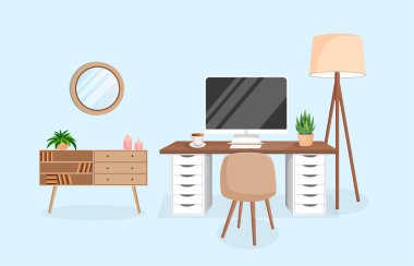 Ev bitkileriyle dolu rahat bir iş yeri. Bilgisayarlı, kabineli, uzaktan kumandalı, serbest, eğitimli ev işleri için modern iç mekan. Çizgi film tarzında vektör illüstrasyonu. Rahat çalışma alanı ve oda