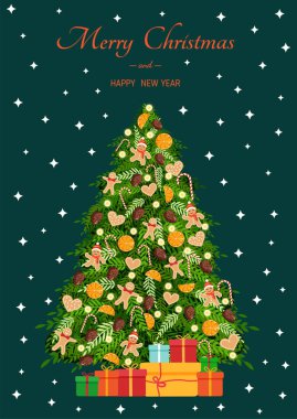 Zencefilli bir adamdan alınmış doğal oyuncaklarla Noel ağacı, zencefilli ekmek, kuru portakal, hediyeli çelenkler. Yılbaşı kartı, afiş, poster için vektör illüstrasyonu