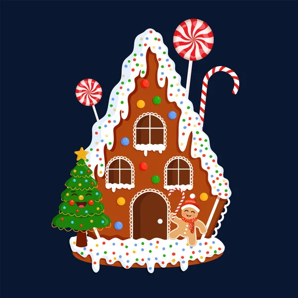 Natale Casa Pan Zenzero Illustrazione Con Albero Natale Dolci Pan — Vettoriale Stock