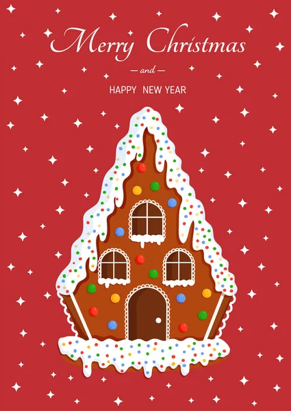Ilustracja Świątecznego Domku Piernika Słodyczami Tle Gwiaździstego Nieba Pocztówkę Baner — Wektor stockowy