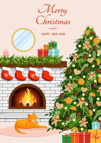 Boże Narodzenie Przytulne Wnętrze Domu Kominkiem Drzewo Prezenty Kota Styl — Wektor stockowy