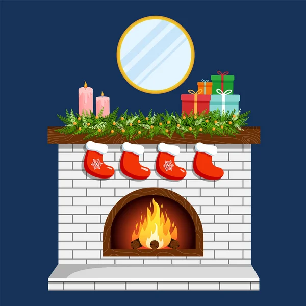 Ilustración Una Chimenea Navidad Con Velas Ramas Abeto Calcetines Regalos — Vector de stock