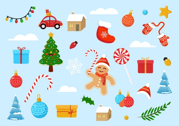 Set Vector Christmas Elements Gingerbread Man Christmas Tree Gifts Illustration — Stock Vector