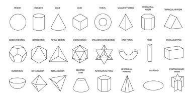 Beyaz arka planda izole edilmiş doğrusal siyah geometrik şekiller kümesi. Geometrik bir şeklin matematiği, kontur. Platonik katı. Simgeler, eğitim için logo, iş, tasarım. Özet