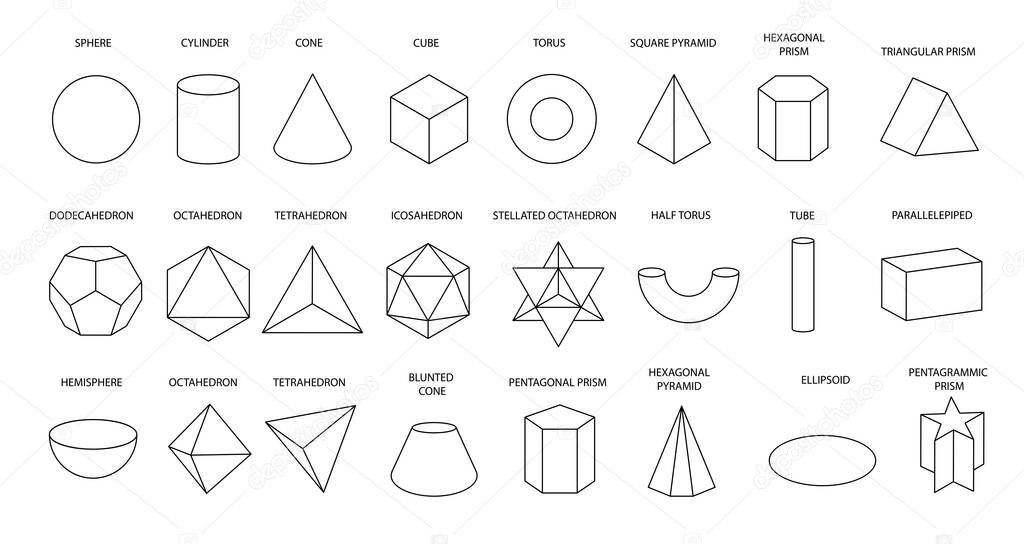 Set of linear black geometric shapes isolated on white background. Mathematics of a geometric figure, contour. Platonic solid. Icons, logo for education, business, design. Outline