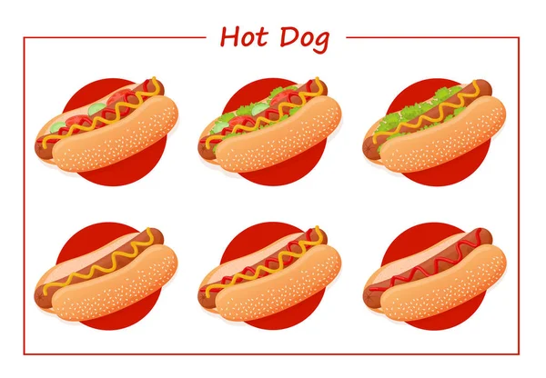 Set Von Köstlichen Amerikanischen Hot Dogs Mit Verschiedenen Zutaten Wie — Stockfoto