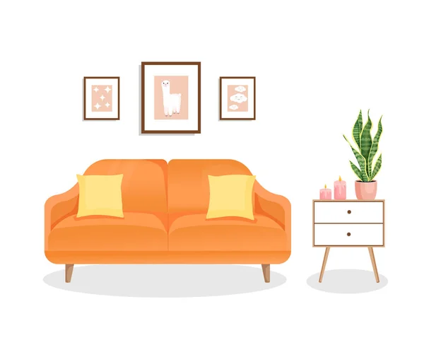 Moderne Wohnzimmereinrichtung Mit Möbeln Und Heimischen Pflanzen Gestaltung Eines Gemütlichen — Stockvektor