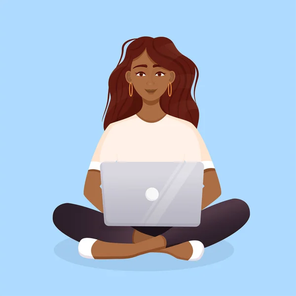 Woman Works Laptop Computer Flat Vector Illustration Freelance Work Home — Stock Vector