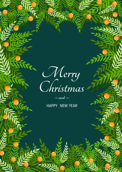 Illustration Carte Noël Avec Verdure Branches Sapin Sur Fond Vert — Image vectorielle