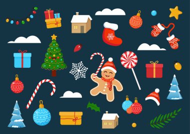 Bir dizi vektör Noel elementleri. Zencefilli çörek adam, Noel ağacı ve hediyeler. Bir kartpostal, afiş, poster, web sitesi için resim