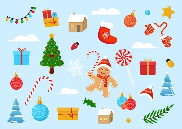 Set Van Vector Kerst Elementen Peperkoek Man Kerstboom Geschenken Illustratie — Stockvector