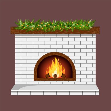 Kartpostal, afiş, poster, web sitesi için köknar dallı Noel şöminesi.